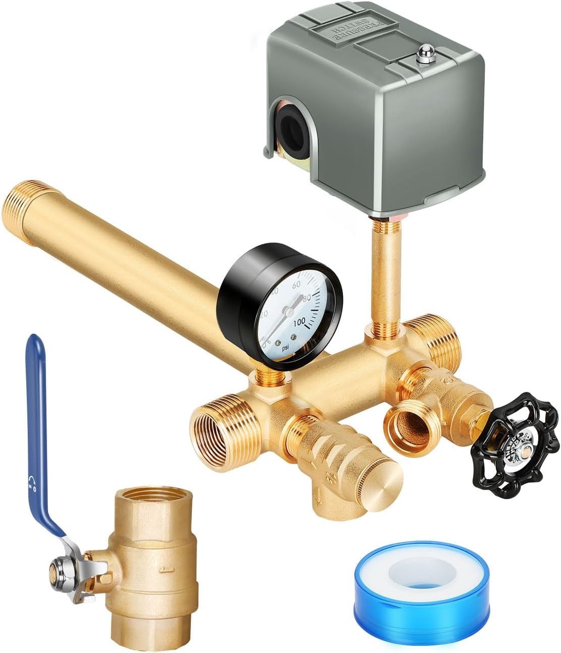 Durable 1" Well Pressure Tank Tee Kit with 40-60 PSI Switch & Brass Fittings gallery