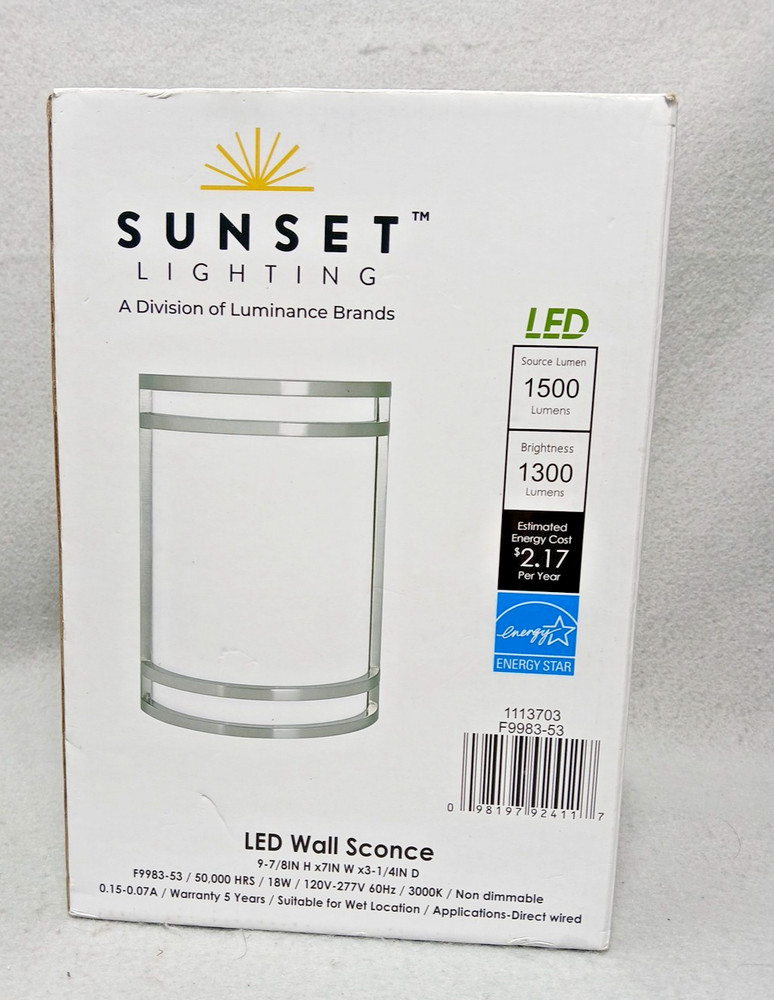 Sunset Lighting LED Wall Sconce Direct Wired Energy Star F9983-53 Size 8"x7"x4"
