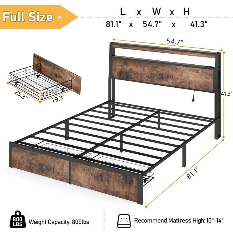 Full Queen Size Metal Platform Bed Frame with 2 Storage Drawers ＆Charging,LED,LP gallery