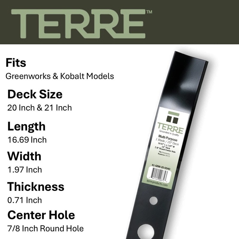 Terre Products Multi-Purpose Lawn Mower Blade 20” Deck Greenworks 25022, 25112 gallery