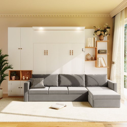 Queen Size Murphy Wall Bed with Sofa & Shelves Cabinets Saving Wood Hidden Beds gallery