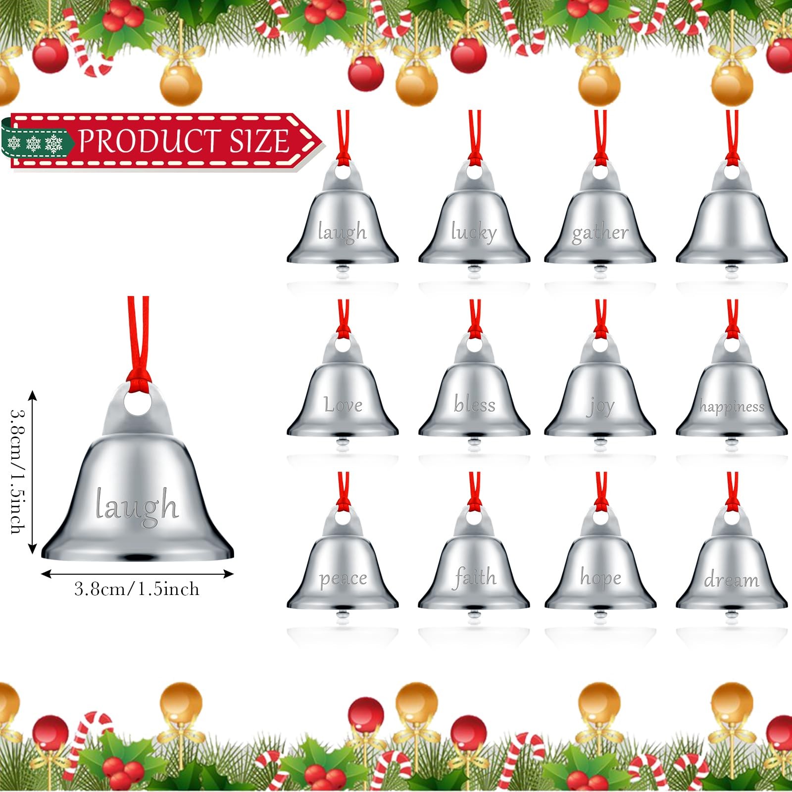 Sratte 24 Pack 1.5 Inch Christmas Bells Ornament Xmas Believe Jingle Silver gallery