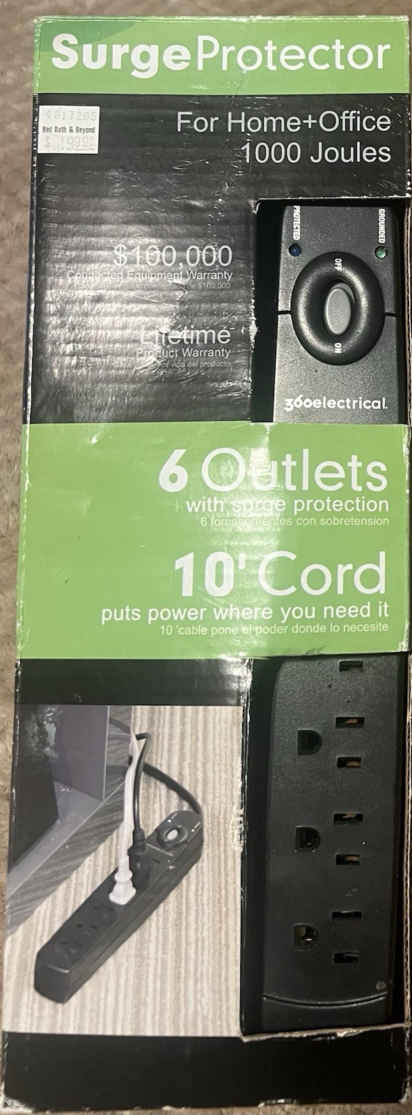 New 6 Plug Outlet With Surge Protector (Black) 10 Feet Long Cord New In Box gallery