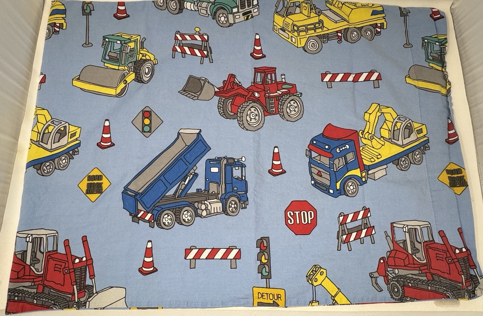 Construction Vehicles Blue Pillowcase Dump Truck Digger Road Work Organic Cotton gallery