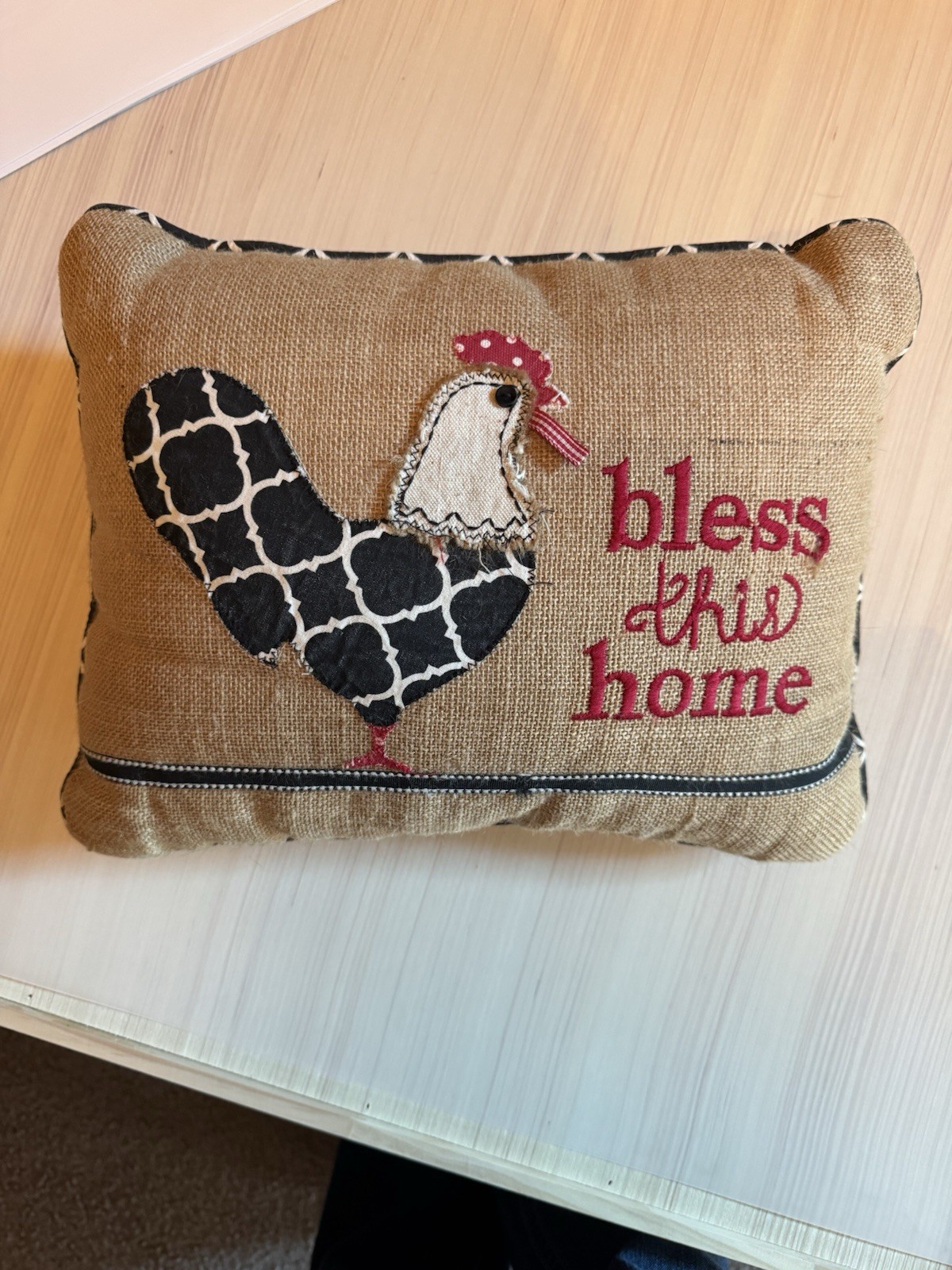 BLESS THIS HOME Burlap Style Black And Red Chicken/Rooster Throw Pillow Country gallery