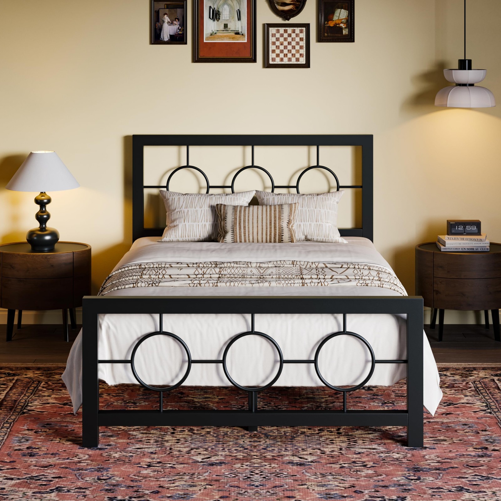 SHA CERLIN Twin Metal Bed Frame with Vintage Circular Design Headboard and Fo... gallery