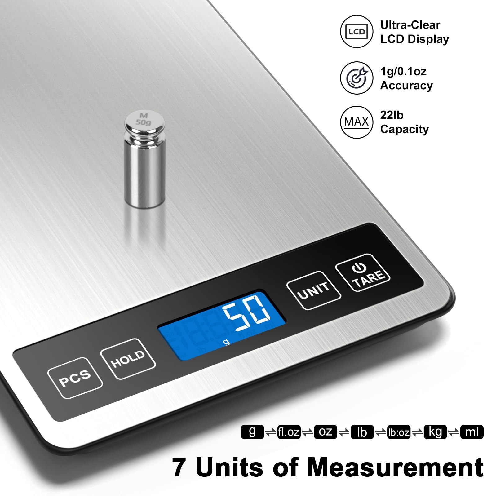Digital Kitchen Scale 22lb/10kg, 1g Precision, Tare, Rechargeable gallery