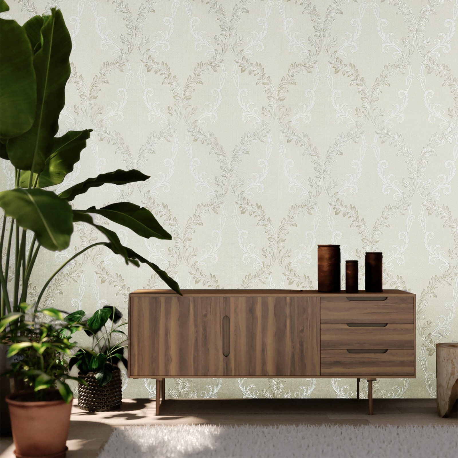 Wallpaper roll beige Textured floral off white tan gray Damask faux woven fabric gallery
