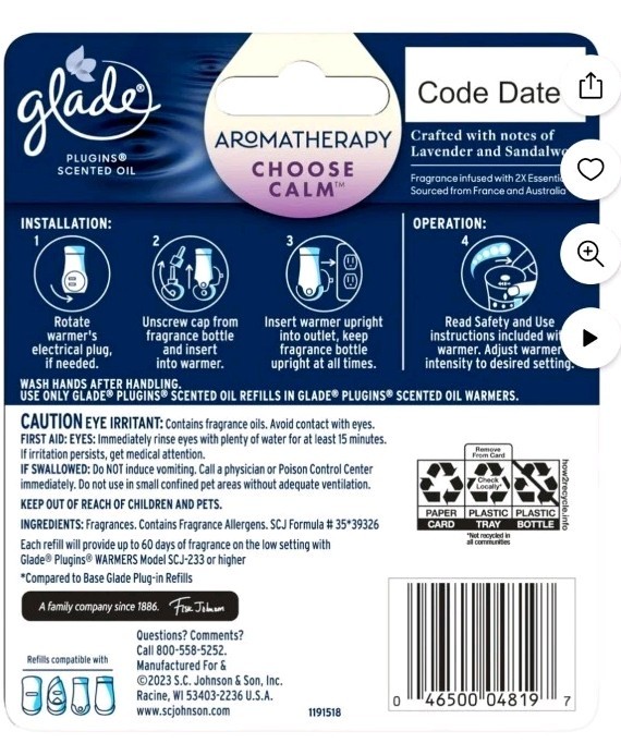 Glade Plugins Scented Oil Refill, Aromatherapy, Choose Calm, Qty 2 gallery