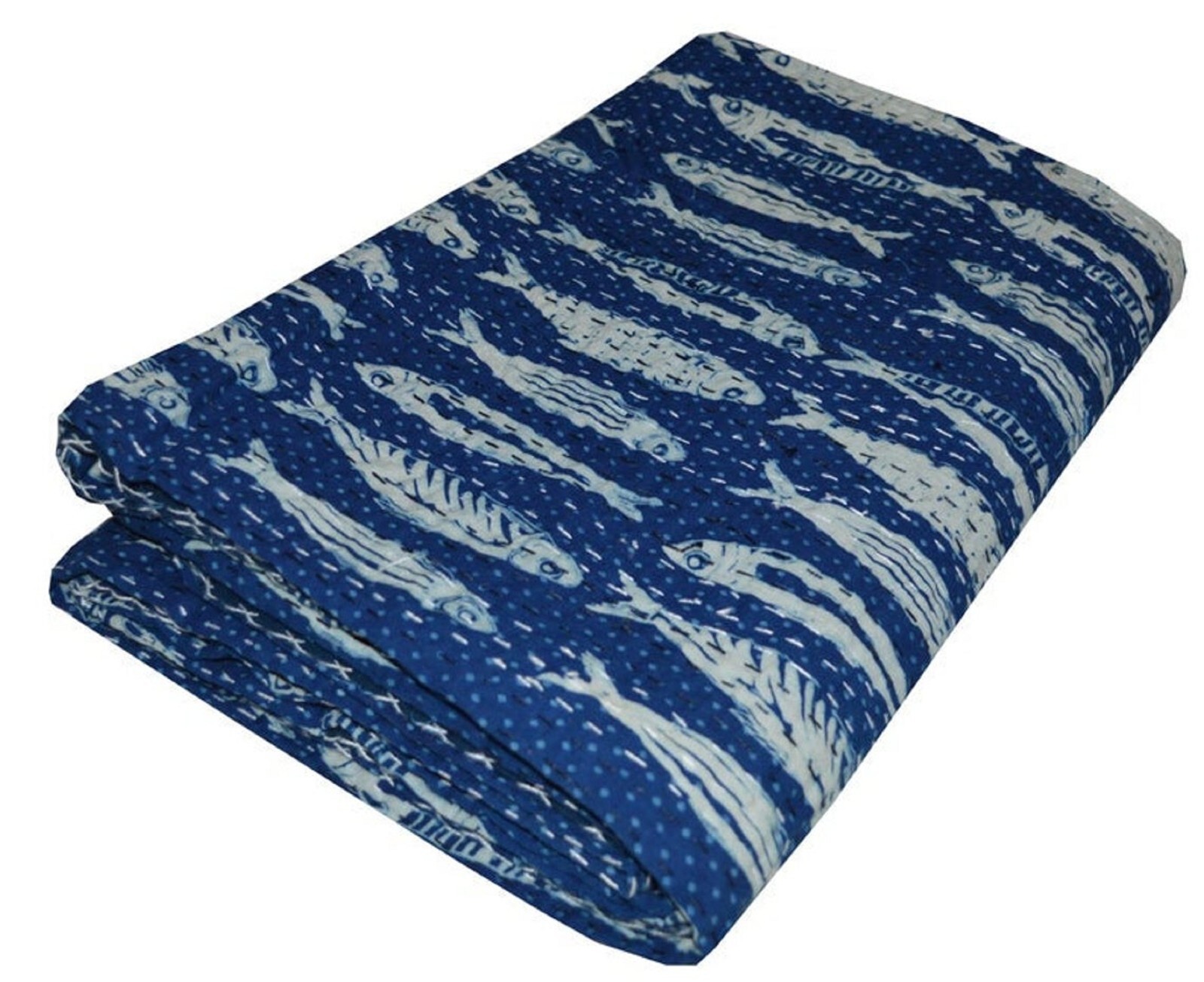 Blue Fish Block Printed Cotton Kantha Quilt Bedspread Blanket Queen Size Gifts gallery