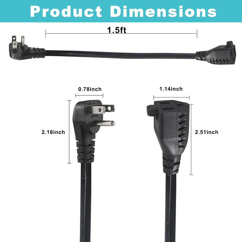 90-Degree Flat Plug Short Extension Cord - 1.5FT Black Flat Wall Head 3Prong Gro gallery