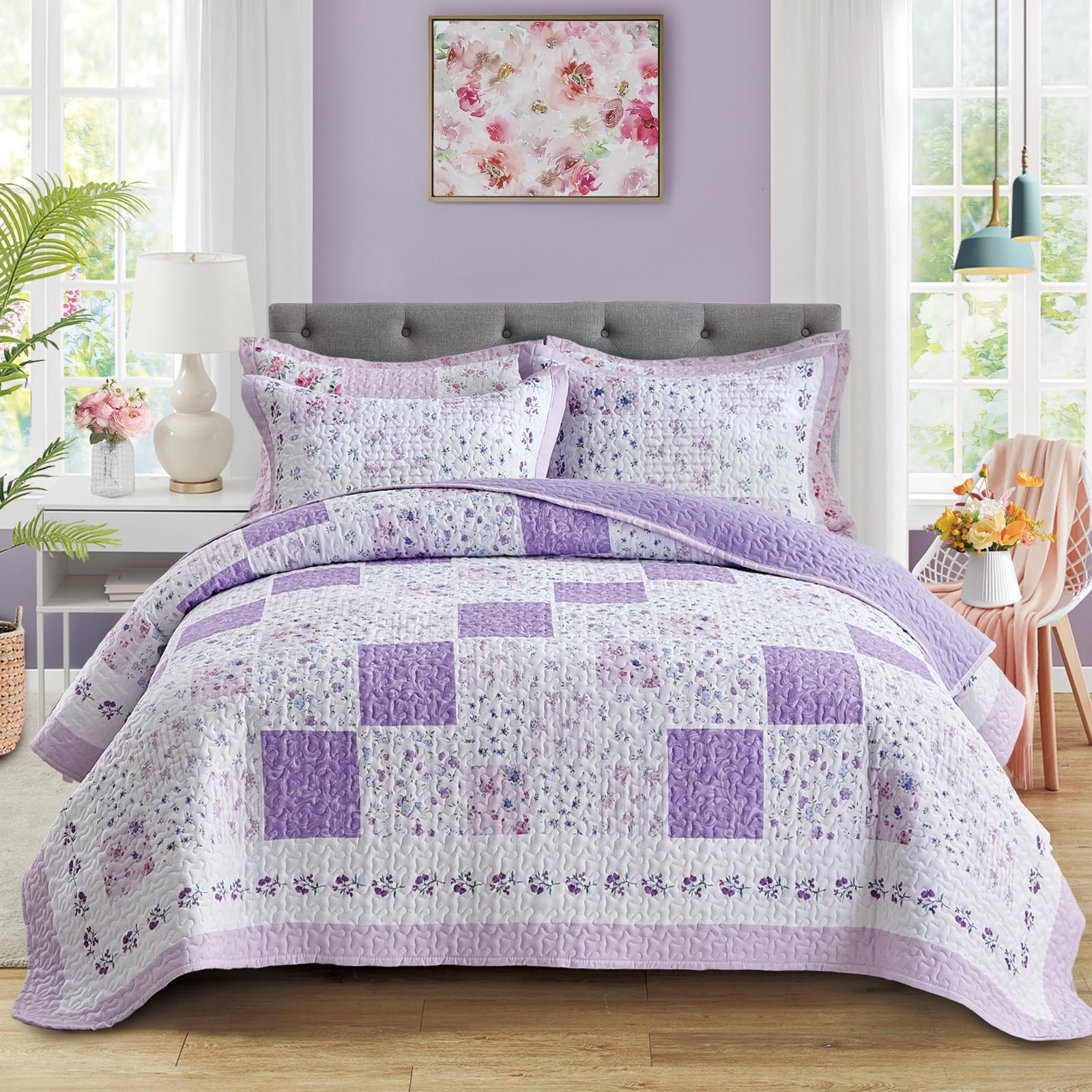 Patchwork Quilt Set King Size,3 Pieces Purple White Pink Floral Plaid Reversi... gallery