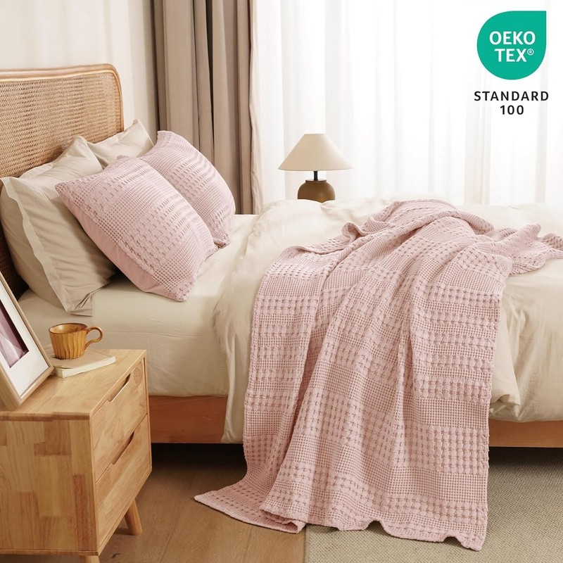 Pink Modern Waffle Pattern Cotton Throw Blanket gallery