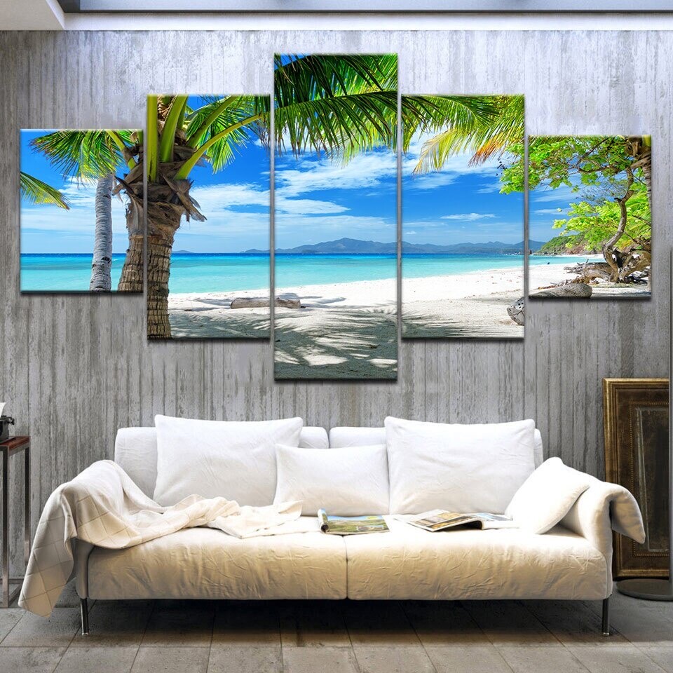 Maldives Palm Tree Beach 5 Panel Canvas Print Wall Art Poster Home Decoration gallery