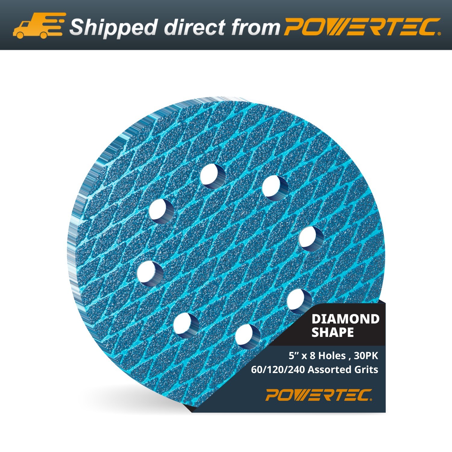 POWERTEC 5" 8-Hole Diamond Sanding Discs 30PK 60/120/240 Grit Hook & Loop gallery