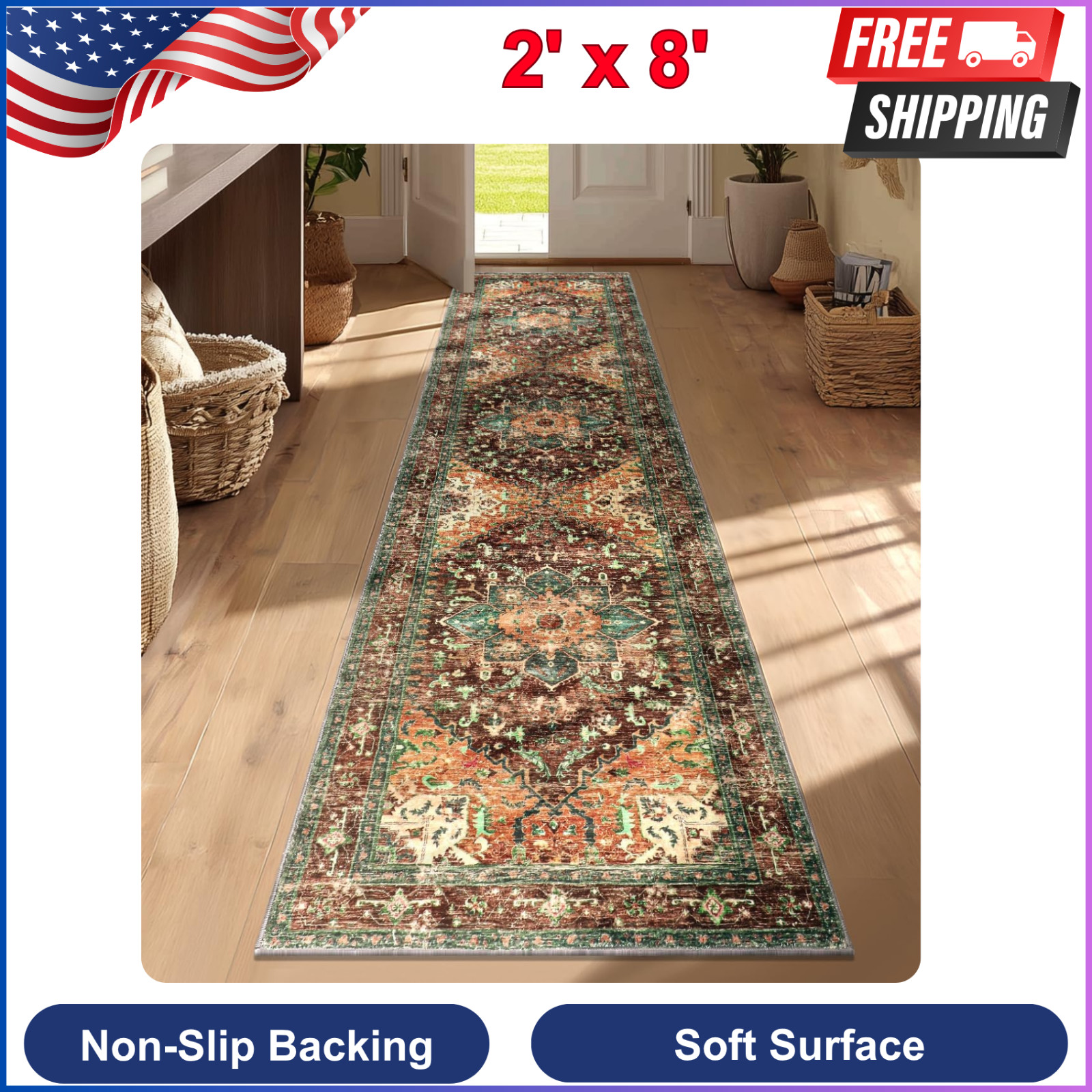 Yamaziot Washable Runner Rug, 2x8 Non-Slip Boho Vintage Hallway Rug Runner, Soft gallery