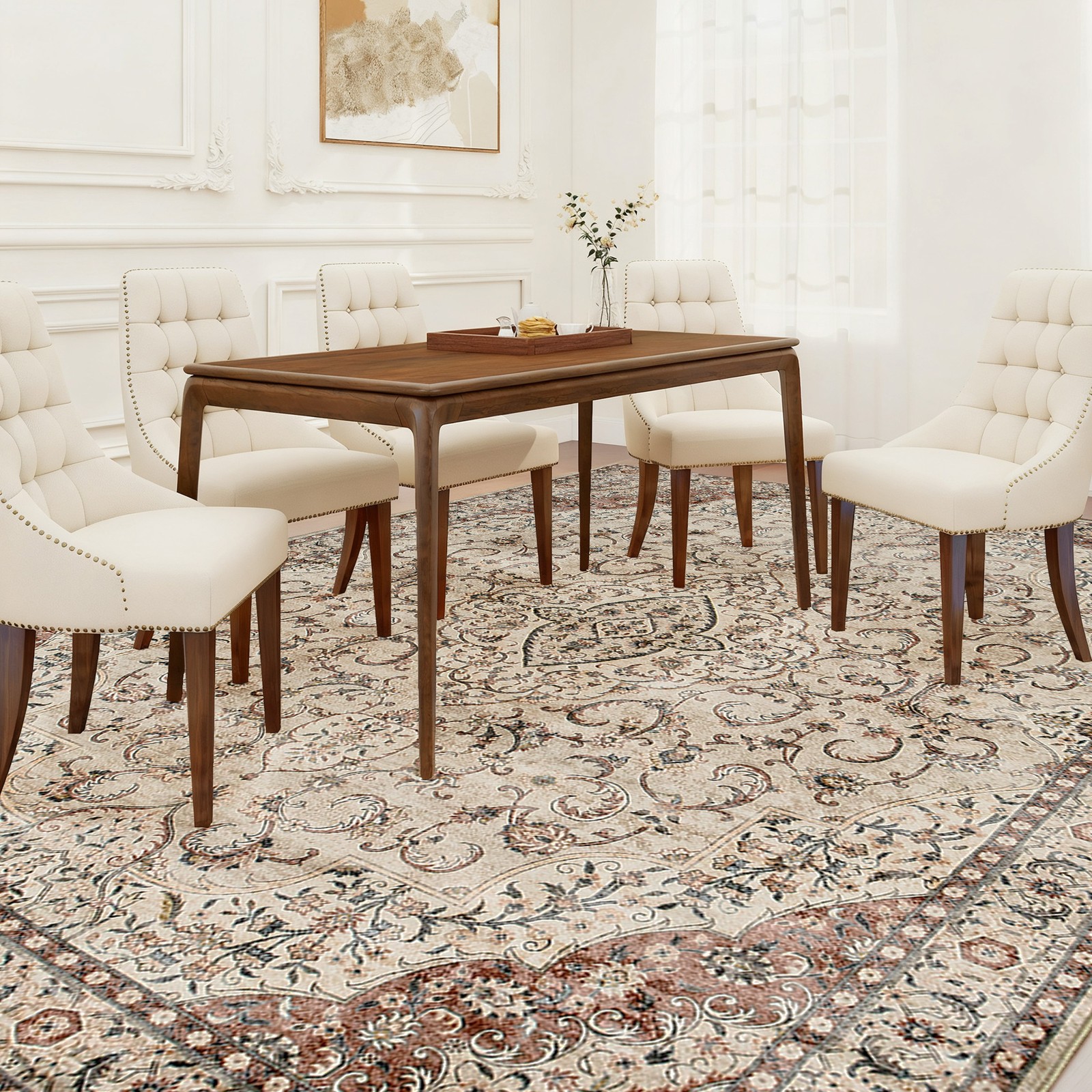 4x6 ft Classic Floral Machine Washable Area Rug, Non-Slip Brown Indoor Rug gallery