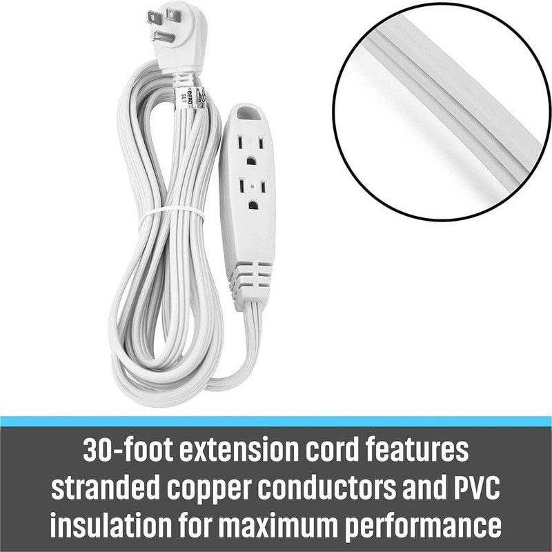30FT- 3 Outlet Flat Extension Cord Indoor 3 Prong Extension Cord with 16AWG 125V gallery