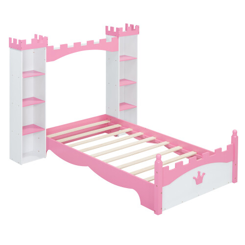 Castle-Shaped Platform Bed with Storage Shelves Both Side Wooden Bed Frames Twin gallery