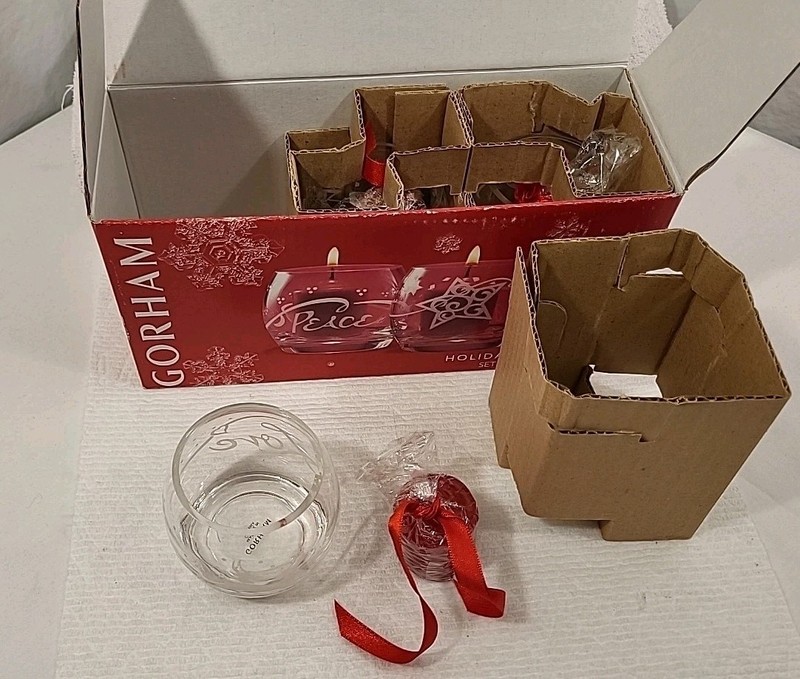 GORHAM 3 pack NEW holiday votives with candles - PEACE, LOVE, JOY gallery