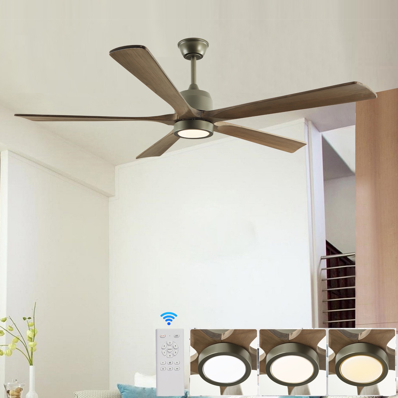 60" Gray Wood Large Ceiling Fan LED Light Dimmable Chandelier Kit with Remote UL gallery