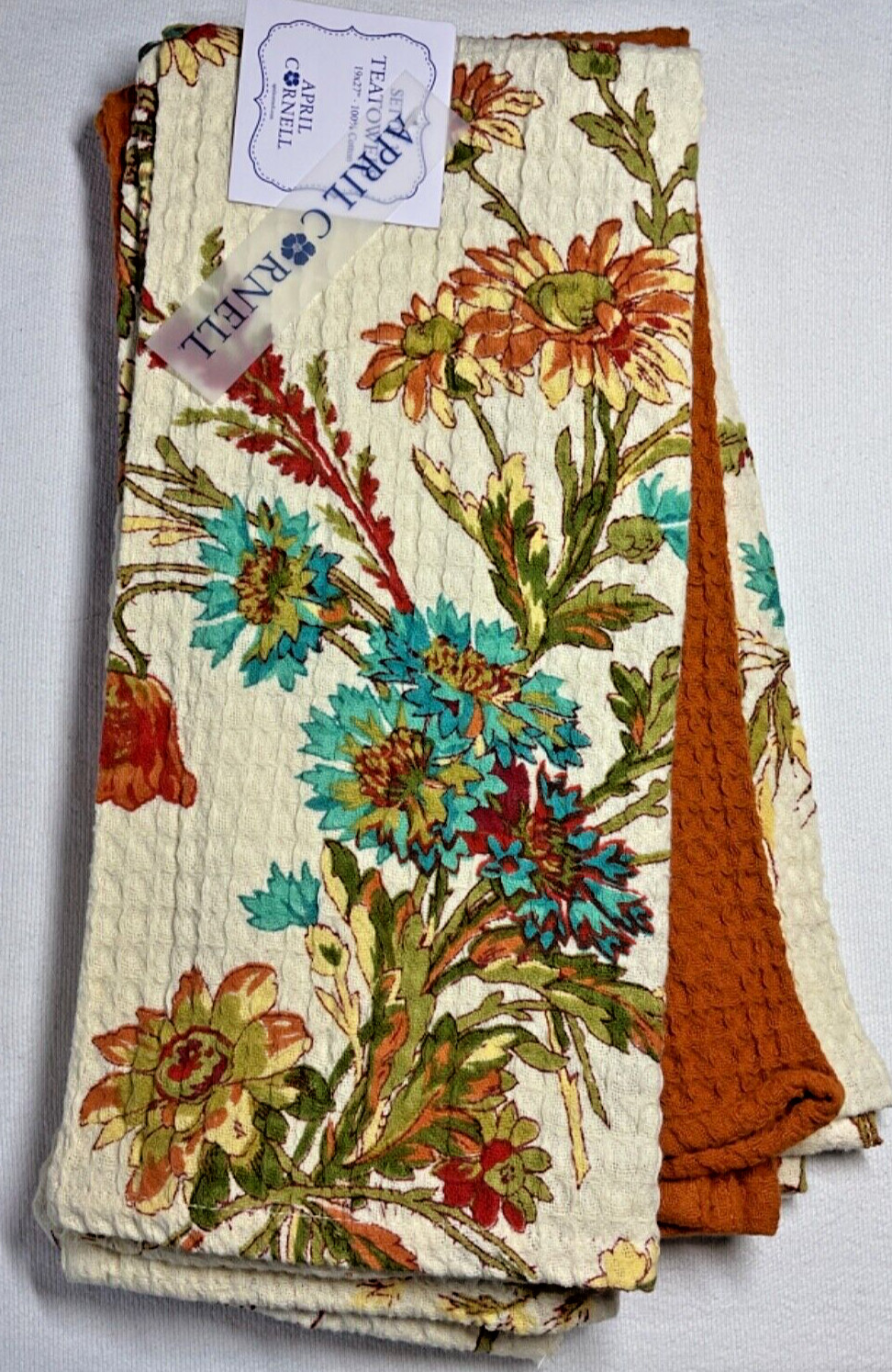 April Cornell Kitchen Tea Towels (3) CREAM TURQUOISE RUST FLORAL 100% COTTON NWT gallery