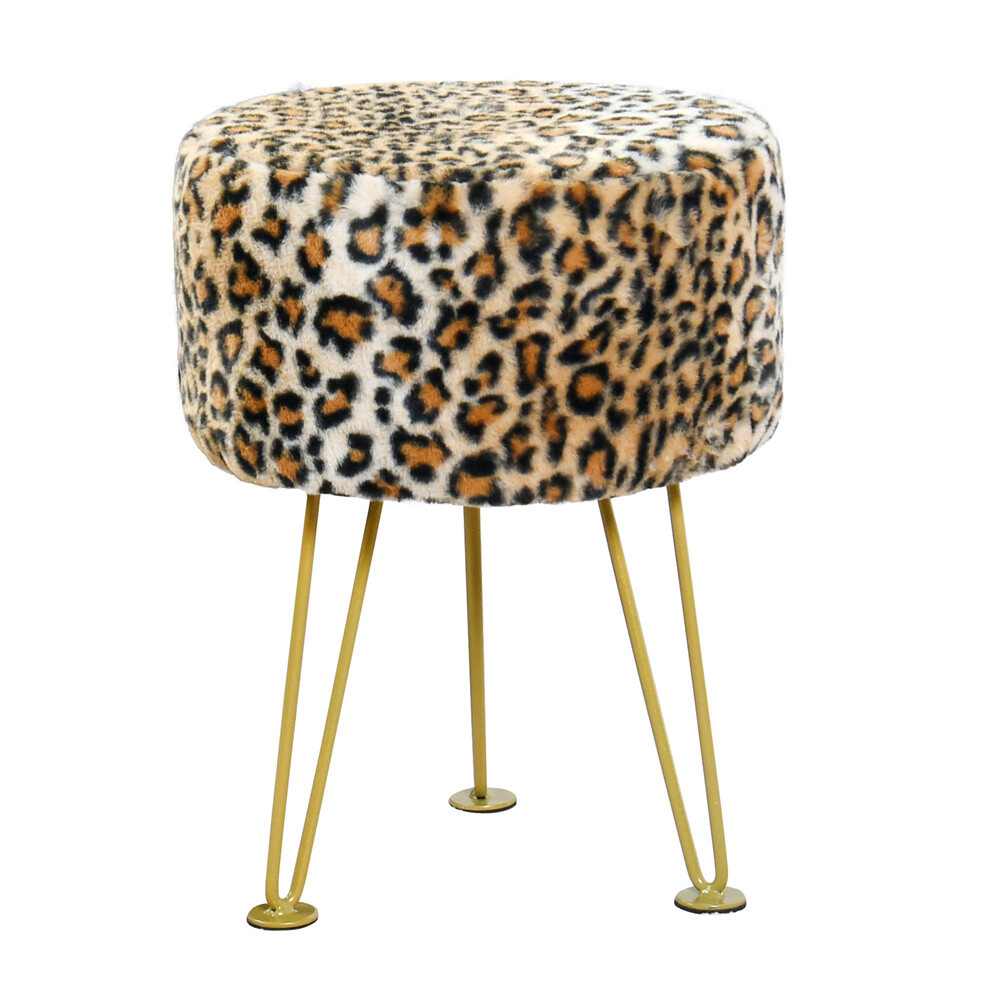 Modern Leopard Print Faux Fur Ottoman Foot Rest Vanity Stool/Seat with Gold Legs gallery