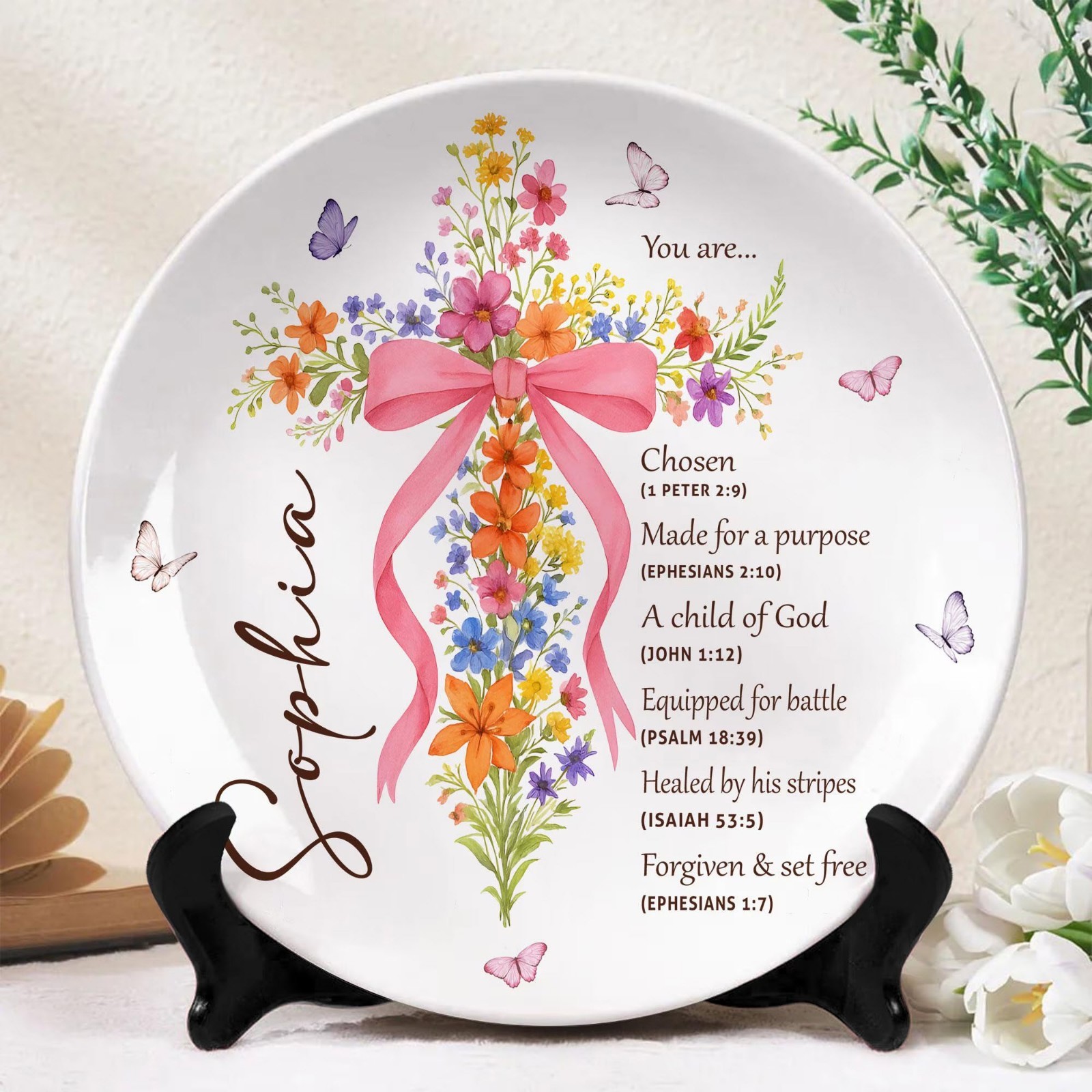 Personalized Bow Cross Christian Baptism Plastic Plate Gift Baby Girl Custom Art gallery