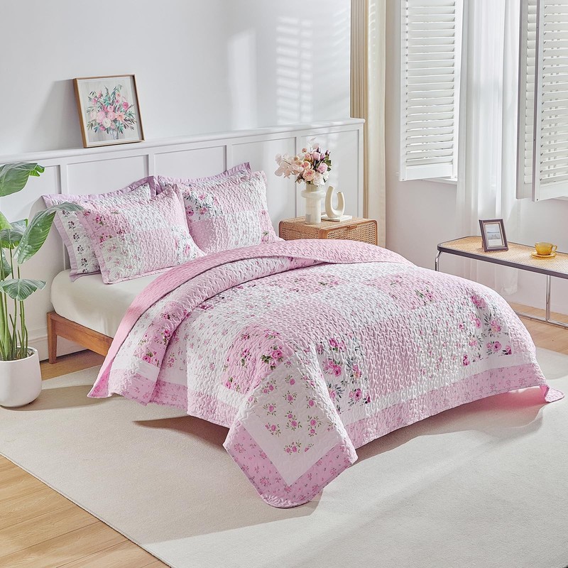 Patchwork Quilt Set Twin Size,2 Pieces Pink White Green Floral Plaid Reversib... gallery