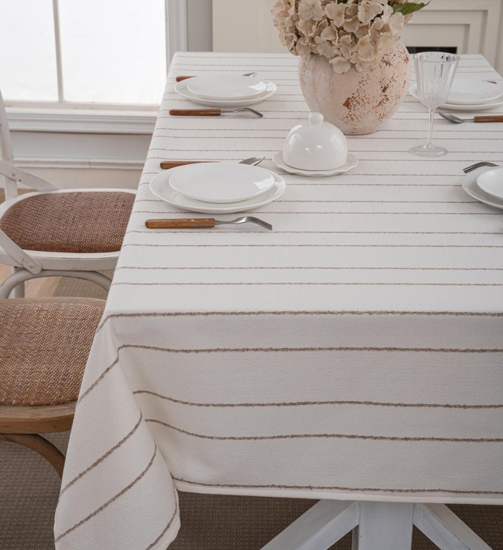 White Rectangle Tablecloth 55x86 Inch, Cotton Linen Polyester Blend Stripes T... gallery