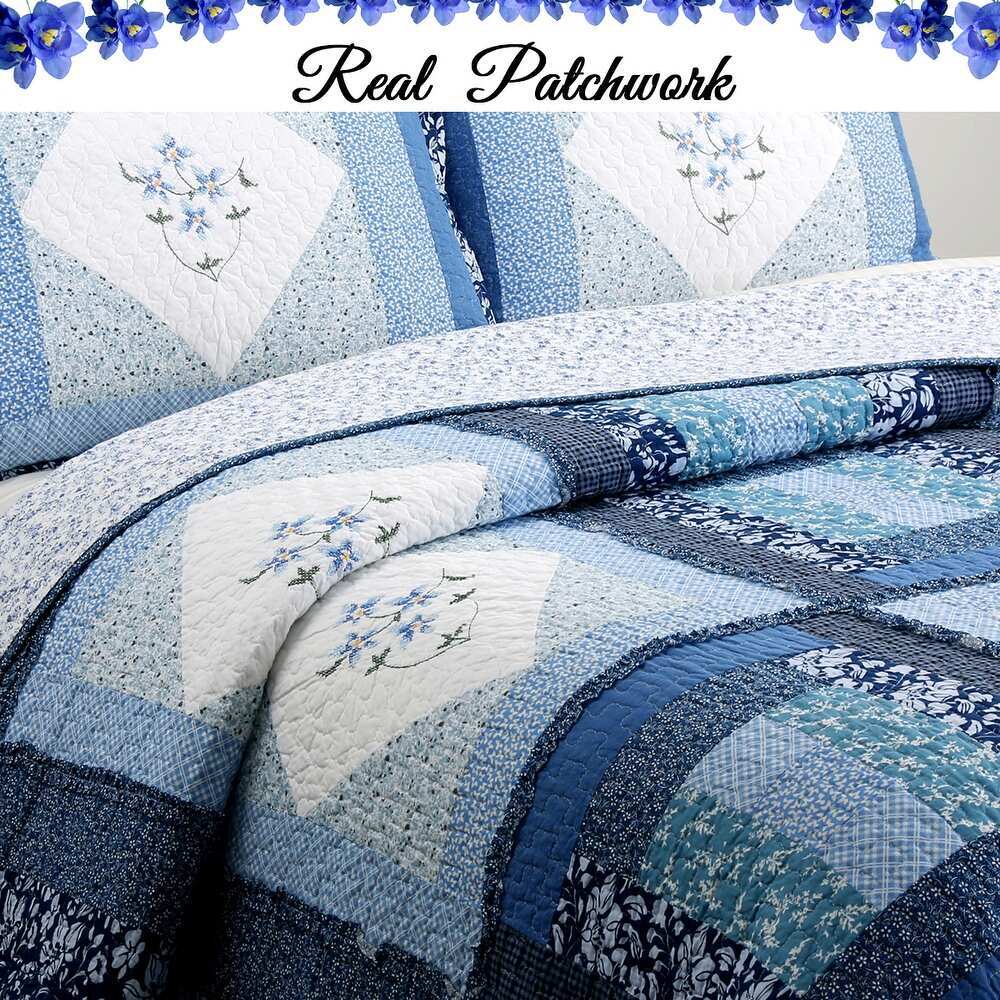 REAL PATCHWORK SHABBY CHIC COZY COTTAGE BLUE NAVY TEAL WHITE RUFFLE QUILT SET gallery