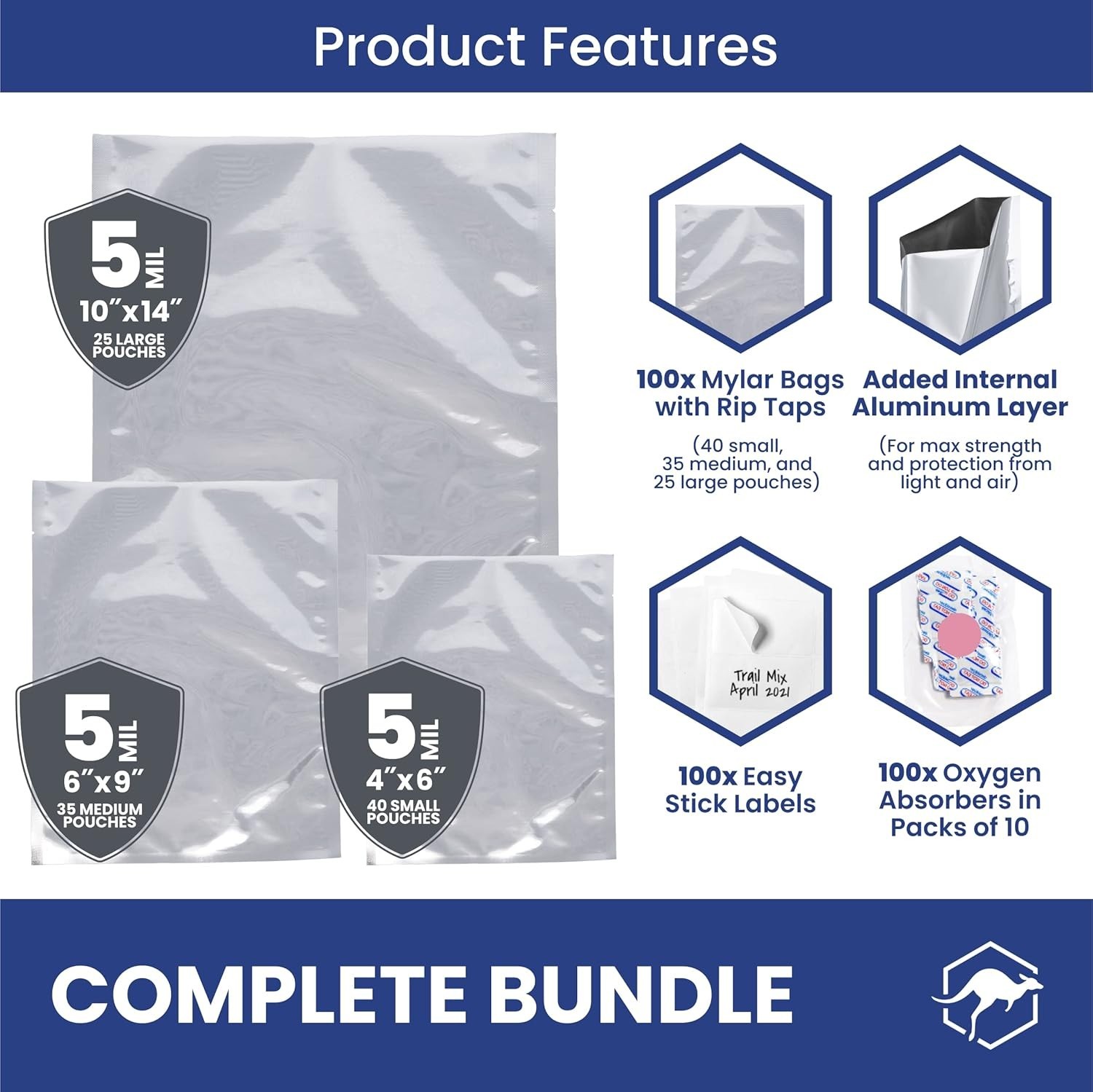100ct Multi-Size Mylar Bags 400cc O2 Absorbers 10Mil Thick Heat Seal Food Storag gallery