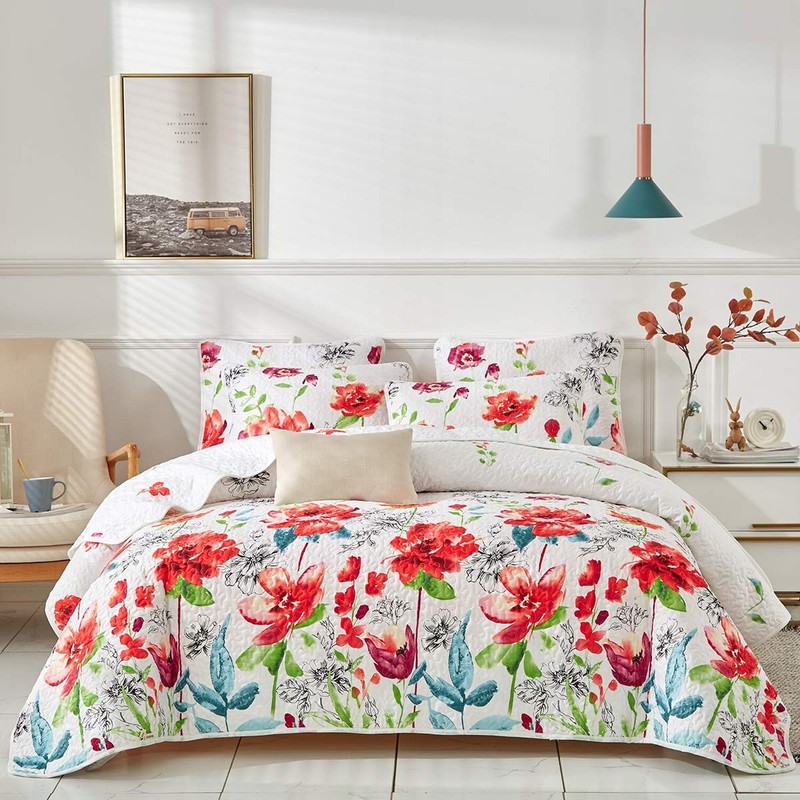 UOZZI BEDDING 3 Piece Queen Reversible Floral Quilt Set White Red Green Color... gallery