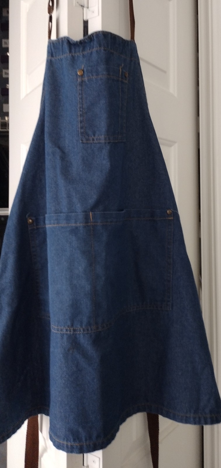 Blue Cotton Denim Apron With Pockets And Adjustable Neck Strap, Brown Straps gallery