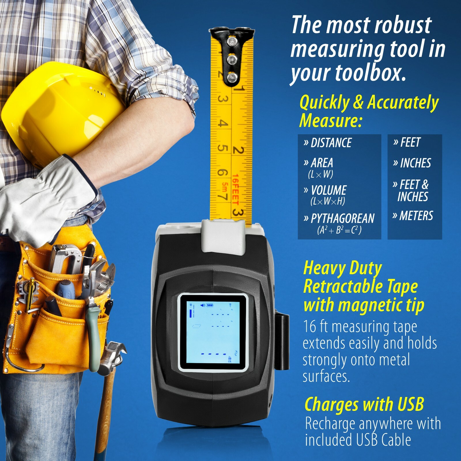 Laser Tape Measure by TickTockTools, 2-in-1, Laser 197Ft/60M, Retractable Tape 1 gallery