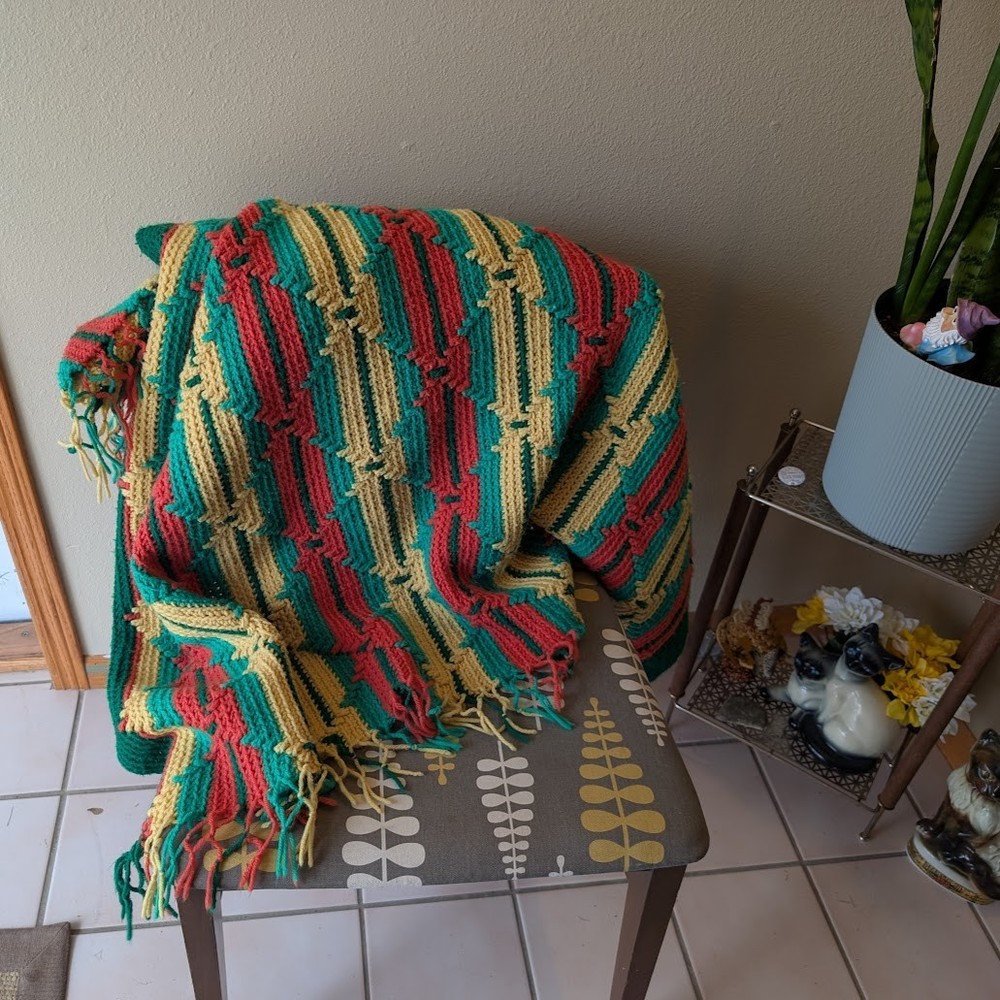 Handmade Crochet Throw Blanket Afghan – Orange Yellow Green Striped w/ Fringe