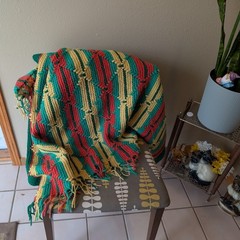 Handmade Crochet Throw Blanket Afghan – Orange Yellow Green Striped w/ Fringe
