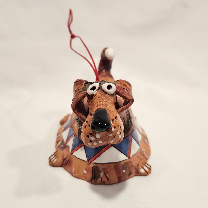 Handmade Studio Pottery Dachshund Dog Bell Ornament Whimsical Folk Art Brown gallery
