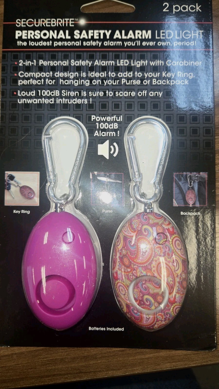 Securebrite Personal Safety Alarm LED Light 2 pack Blue Paisley 100DB Free Ship gallery