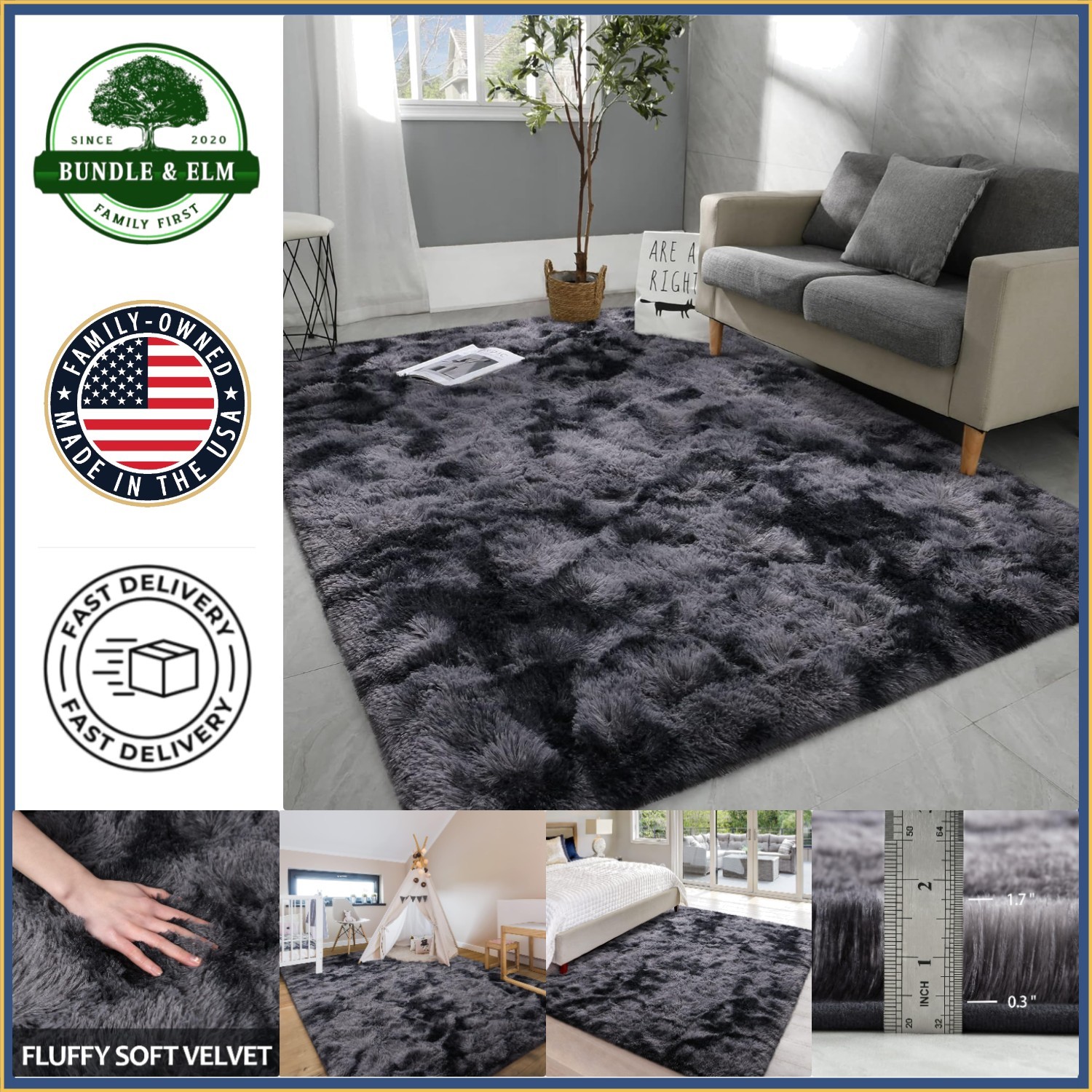 Large 5x7 Fluffy Dark Grey Rug, Soft Tie-Dye Indoor Carpet for Living Room gallery