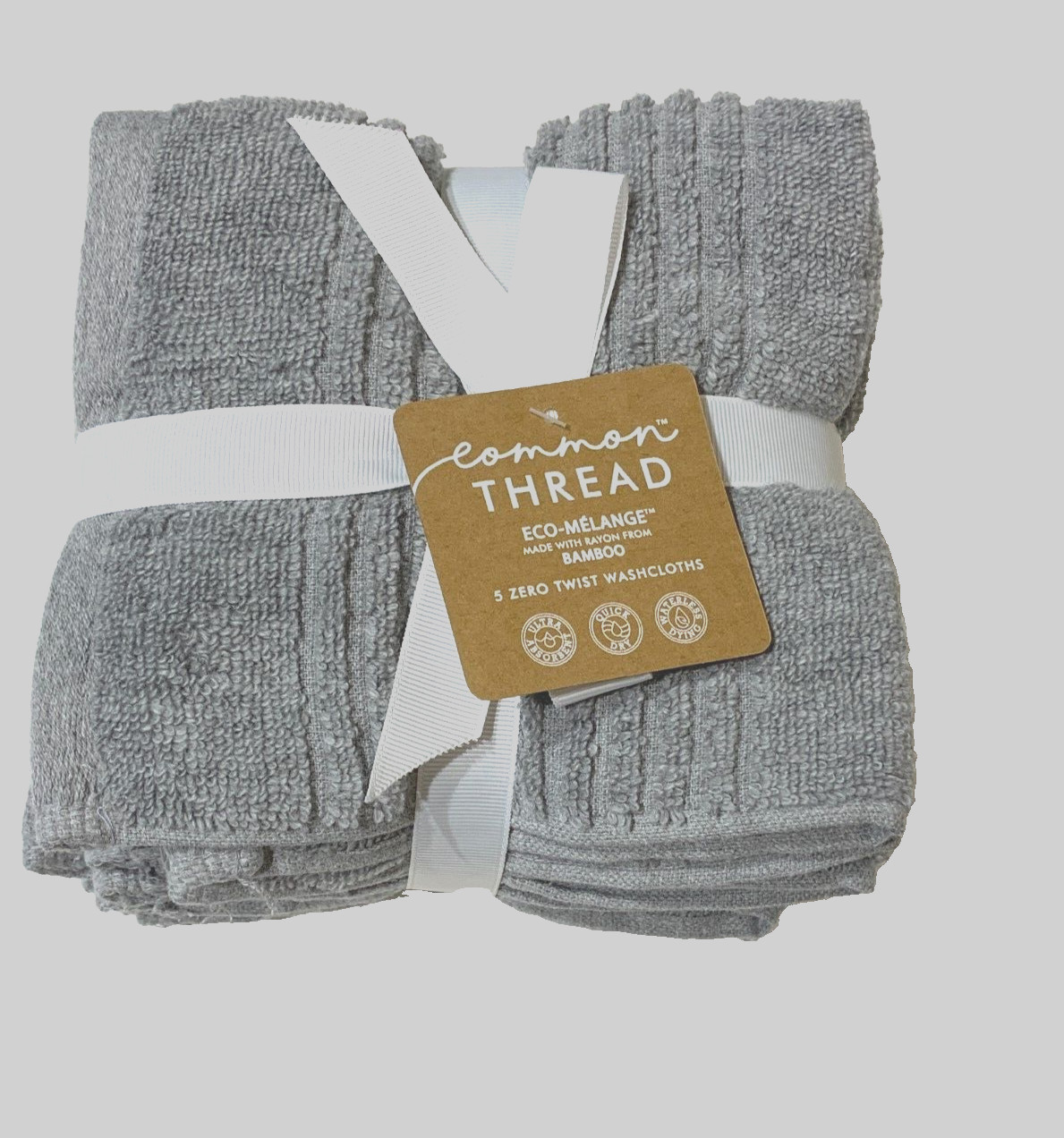 NWT 5-PK Common Thread Eco-Melange Soft Bamboo Rayon Washcloths Gray 13X13 in gallery