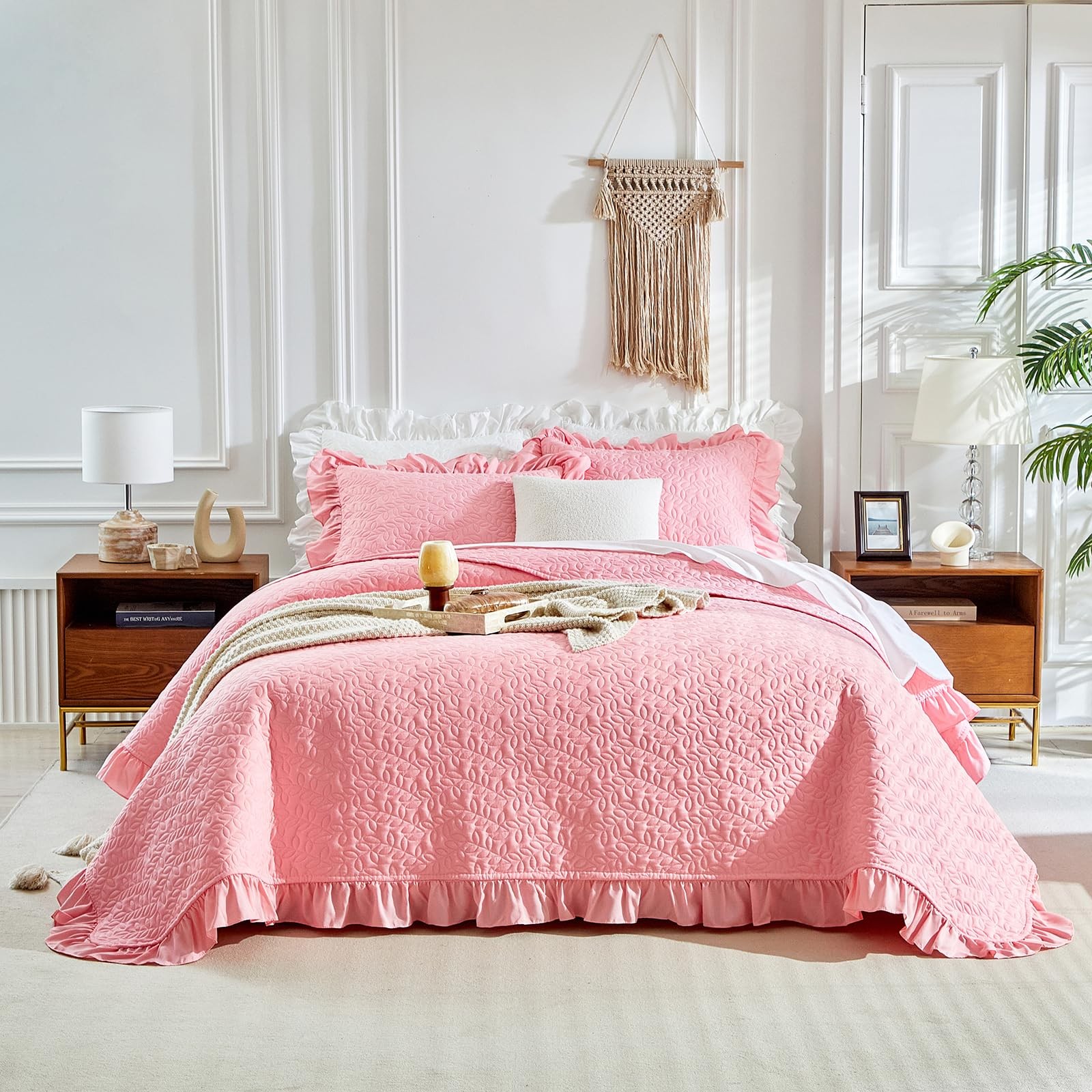 Ruffled Quilt Set King Size 96 * 108in - 3 Pieces Solid Shabby Chic Farmhouse... gallery