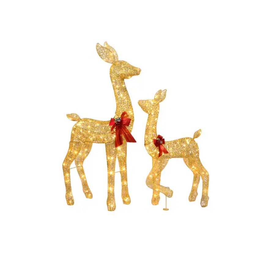 VINGLI 2-Piece Lighted Reindeer Christmas Decoration Deer Family Outdoors - Gold gallery