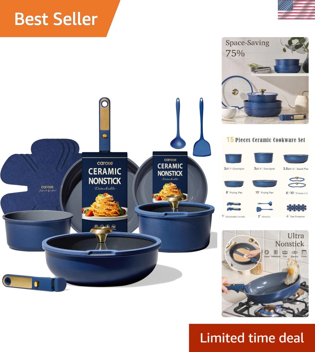Blue & Gold 15-Pc Ceramic Cookware Set - Non-Toxic, PFAS Free, Induction Ready gallery