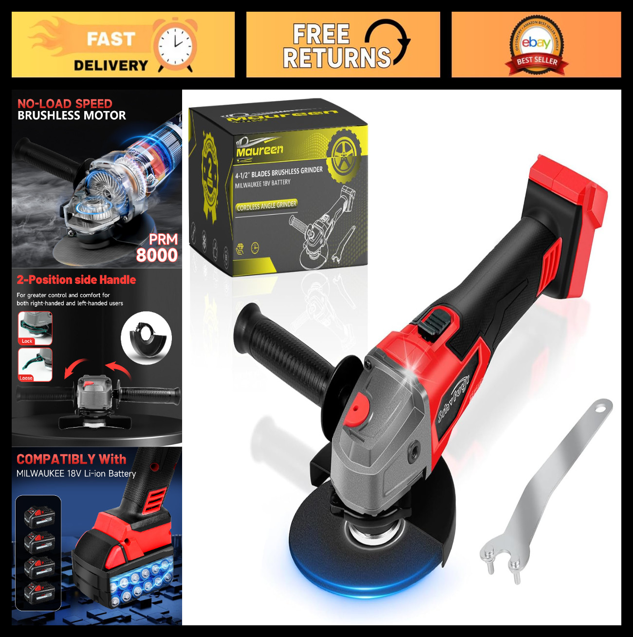 Cordless Angle Grinder 4-1/2" Brushless, 8000 RPM, Battery Powered for Cutting, gallery