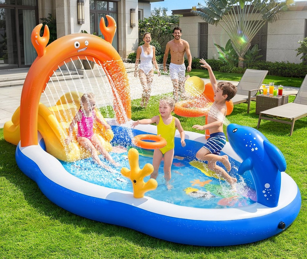 Large Inflatable Play Center Kiddie Pool with Slide Sprinkler Splash Pad 120x70