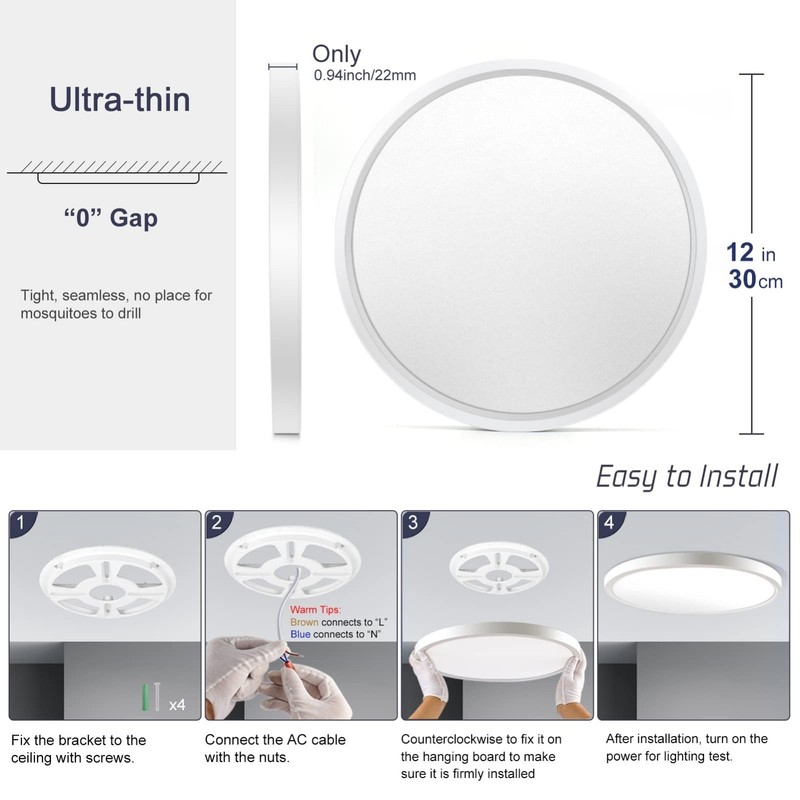 12" LED Flush Mount Ceiling Light, 5000K Daylight, 3200LM, Modern Round Fixture gallery
