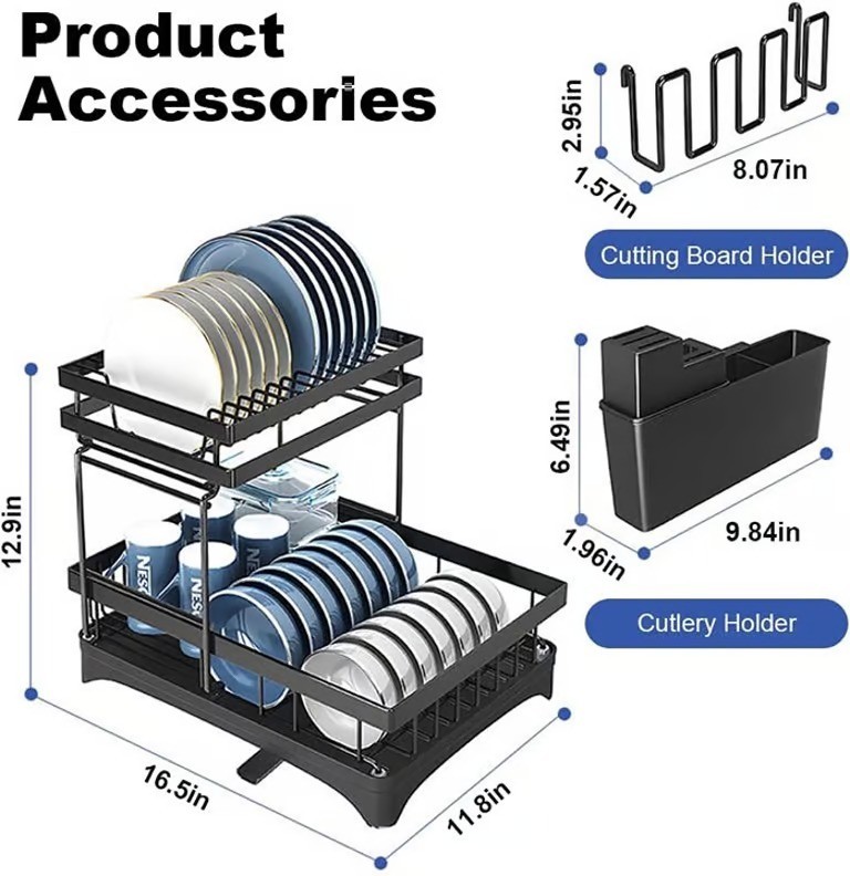 2 Level Over Sink Drying Rack Dish Drainer with Cutlery Holder Stainless Steel gallery