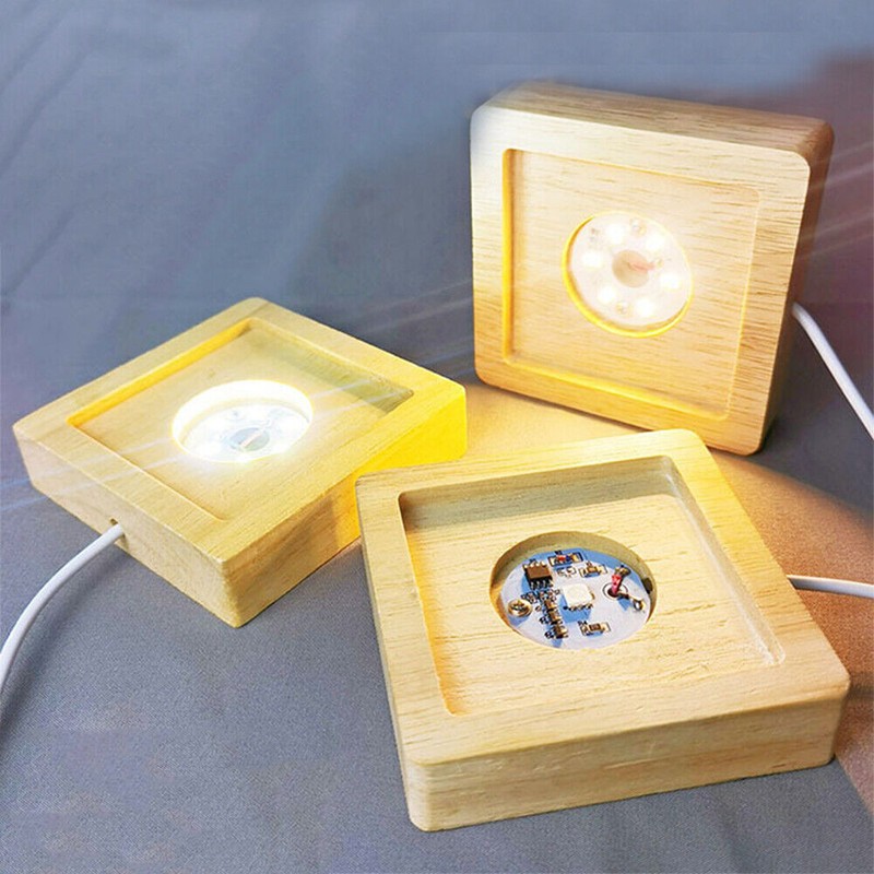 2x USB LED Adjustable Light Square Solid Wood Base Holder Crystal Craft Display gallery