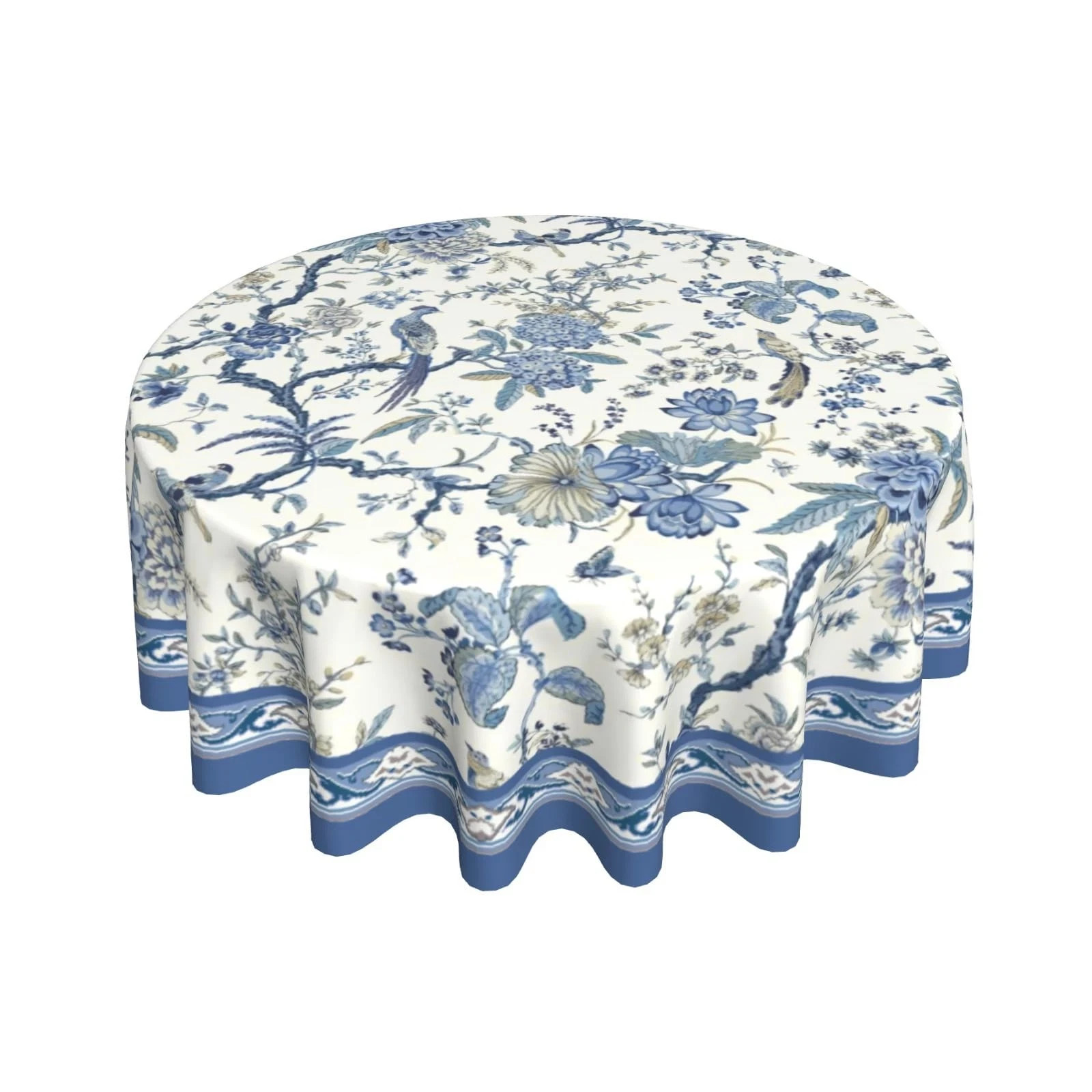 Chinoiserie Tablecloth Round 60Inch, Blue White Flowers Birds Table Cloth, Cl... gallery